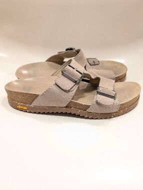 Dansko Suede Double Buckle Slide Sandals in Taupe